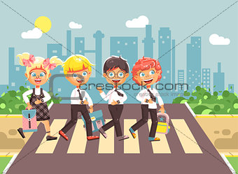 Vector illustration cartoon characters children, observance traffic rules, boys and girl schoolchildren classmates go to road pedestrian crossing, city background, back to school flat style