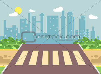 Vector illustration of roadside cartoon landscape with roadway, road, sidewalk and empty pedestrian zone crossing in flat style on city background element for motion design, banner, web site