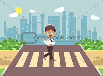 Vector illustration cartoon characters child, observance traffic rules, lonely brunette boy schoolchild, pupil go to road pedestrian crossing, on city background, back to school in flat style