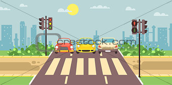 Vector illustration of roadside cartoon landscape with roadway, road, sidewalk and empty pedestrian zone with cars crossing flat style city background element for motion design, banner, web site