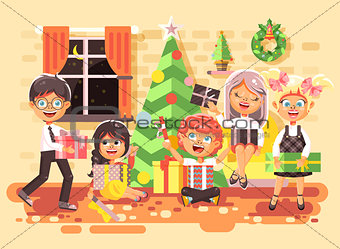 Vector illustration cartoon characters children, boys and girls in room under Christmas tree, happy New Year and Christmas, give gifts, rejoice and celebrate flat style element for motion design
