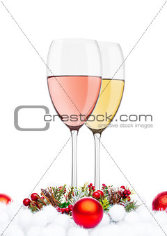White and rose wine with christmas decoration