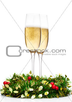 Champagne glasses with christmas decoration