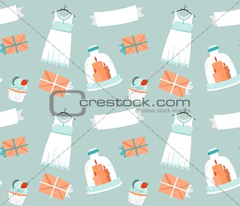 Hand drawn vector cartoon rustic sketched wedding elements seamless pattern decoration isolated on blue background.