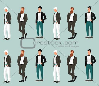 Hand drawn vector abstract cartoon wedding groom illustration seamless pattern print celebration element isolated on blue background.