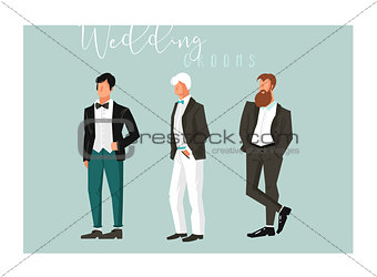 Hand drawn vector abstract cartoon wedding groom illustrations celebration elements collection set isolated on blue background.