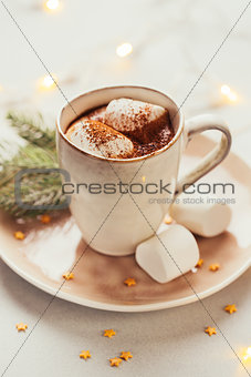 Mug filled with hot chocolate and marshmallows.