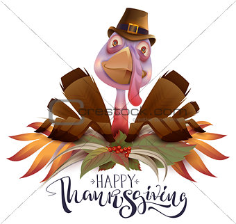 Happy Thanksgiving text greeting card. Bird turkey symbol of Thanksgiving Day