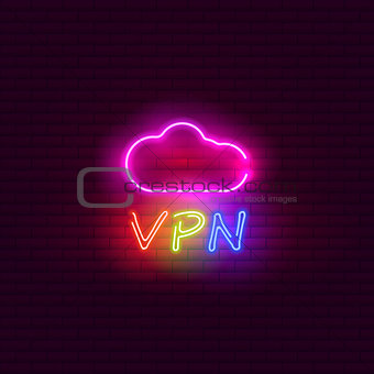 VPN. Cloud. Neon sign, bright signboard, light banner.