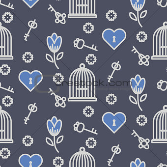 Bird cage romantic outline seamless vector pattern.
