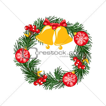 Door christmas decor. Pine tree wreath with bells and balls vector illustration.