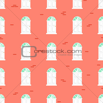 Doors seamless vector pattern and blue brick wall building.
