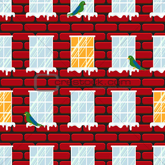 Windows seamless vector pattern and red brick wall building.