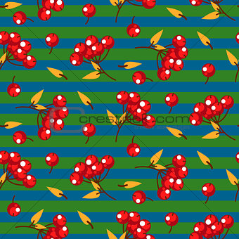 Rowan berry and leaves seamless striped vector pattern.