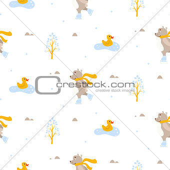 Cute bear and duck ice-skating on pond seamless vector pattern.