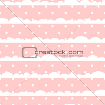Pink and white polka dot clouds baby seamless vector pattern.