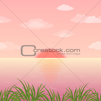 Landscape, grass and sunrise on the sea
