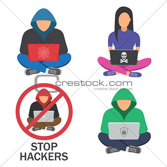 Hacker icons.Hacker with laptop, hacking the Internet