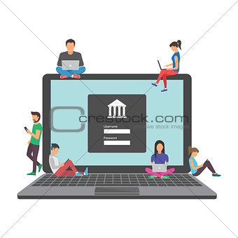 Mobile banking concept illustration of people using laptop and mobile smart phone for online banking