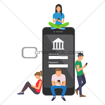 Mobile banking concept illustration of people using app for money transfering and online banking