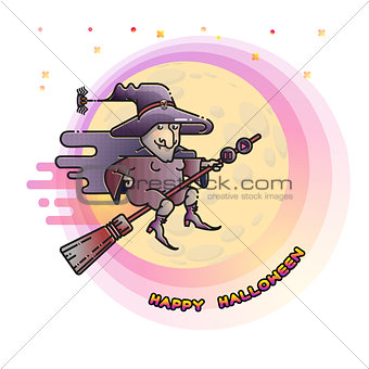 Happy Halloween card with witch on a broom and Moon.