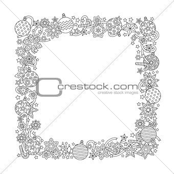 New year hand drawn square frame in zentangle inspired style isolated on white background. Doodle snowflakes, fir-tree balls, ribbon decorative border. Coloring book for adult.
