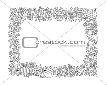 New year hand drawn horizontal frame, zentangle inspired style isolated on white background. Doodle snowflakes, fir-tree balls, ribbon decorative border. Coloring book for adult.