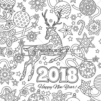 New year congratulation card with numbers 2018, deer and festive objects. Zentangle inspired style. Zen colorful graphic. Image for calendar, coloring book.