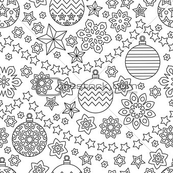 New year hand drawn outline festive seamless pattern with snowflakes, christmas balls and stars isolated on white background. coloring antistress book for adult.