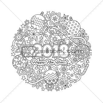 New year mandala with numbers 2018 on winter snowflake background. Zentangle inspired style. Zen monochrome graphic. Image for calendar, congratulation card, coloring book.