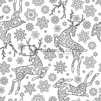 Hand drawn outline festive seamless pattern with snowflakes and deers isolated on white background. coloring antistress book for adult.