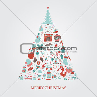 Christmas tree with hand drawn xmas elements. Holiday colorful card. Doodle design. Vector illustration
