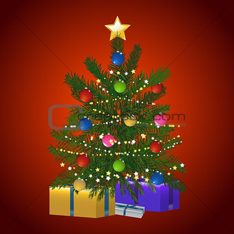 Christmas tree and gift on red background