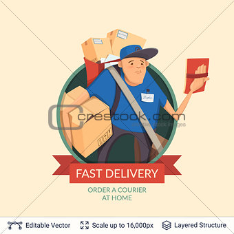 Deliveryman icon and ad text.