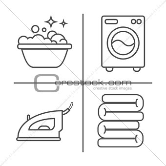 Washing, ironing, clean laundry line icons. Washing machine, iron, handwash and other clining icon. Order in the house linear signs for cleaning service
