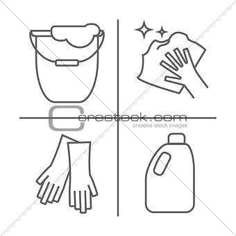 Cleaning, wash line icons. Washing machine, sponge, mop, iron, vacuum cleaner, shovel and other clining icon. Order in the house thin linear signs for cleaning service.
