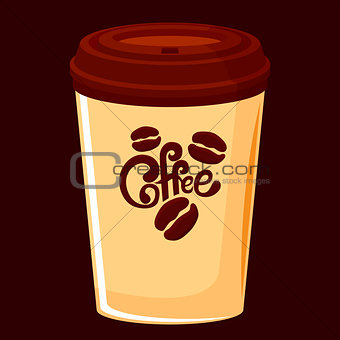 Beige paper cup with a cover for coffee on a takeaway with a picture of coffee and coffee beans