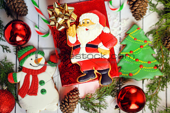 Christmas composition - gingerbread cookies - Santa and Christmas, New Year in a gift box.