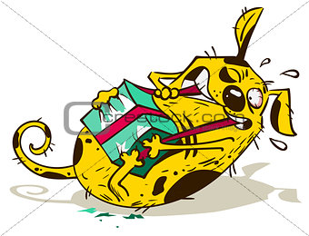 Fun yellow dog opens tear gift box