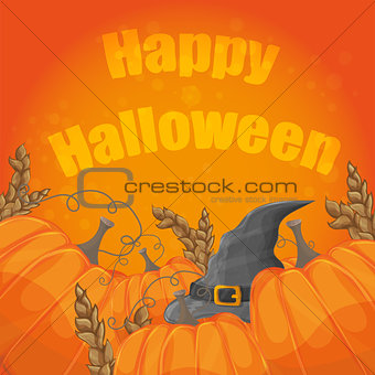 Modern Halloween card with old hat and pumpkins on orange background