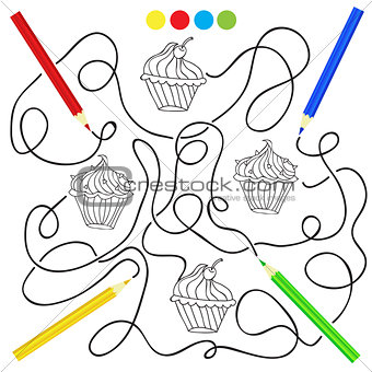 Coloring page with cupcake drawing game for children