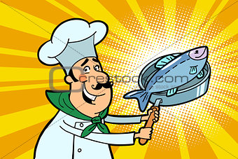 Chef cook character with roasted fish