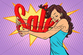 Woman hugging sales, love to shopping