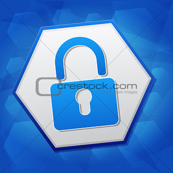 padlock sign in hexagon over blue background, flat design