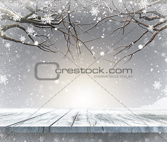 3D wooden table with Christmas background