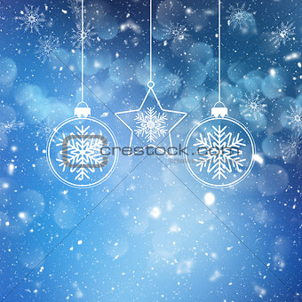Christmas baubles on snowflake and stars background