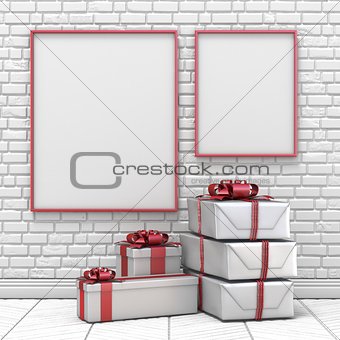 Mock up blank picture frame, Christmas decoration and gifts 3D