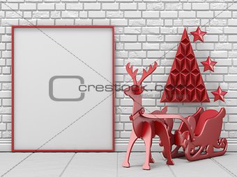 Mock up blank picture frame, Christmas decoration and reindeer w
