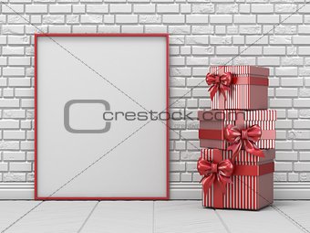 Mock up blank picture frame, Christmas decoration and striped gi