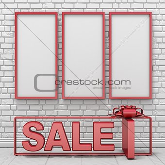 Three mock up blank picture frames and text SALE into gift box 3